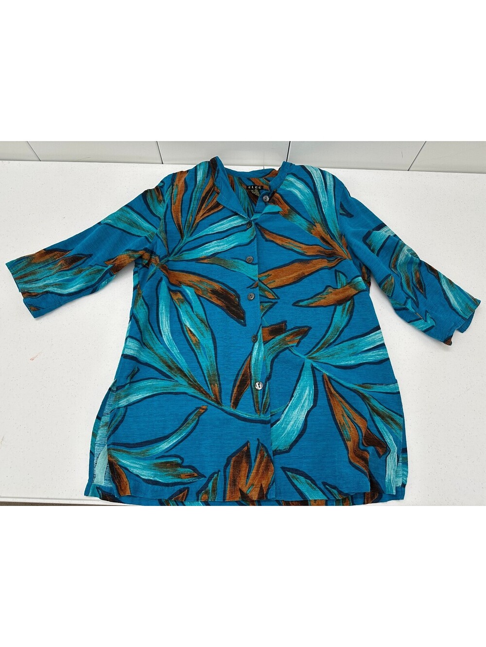 ELCC Tropical Palm Leaf Blouse Silk L Women's Vibrant Blue 3/4 Sleeve Button